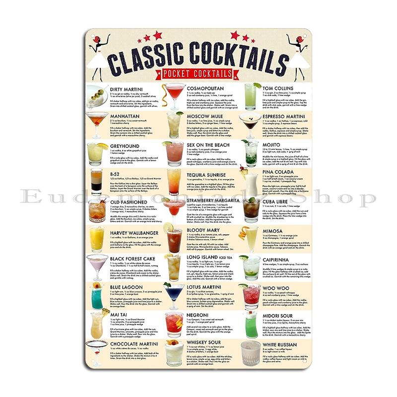 Cocktail Chart Classic Cocktail Poster by Pocket Cocktails Metal Party Home Plaques Customized Create Tin Sign Poster