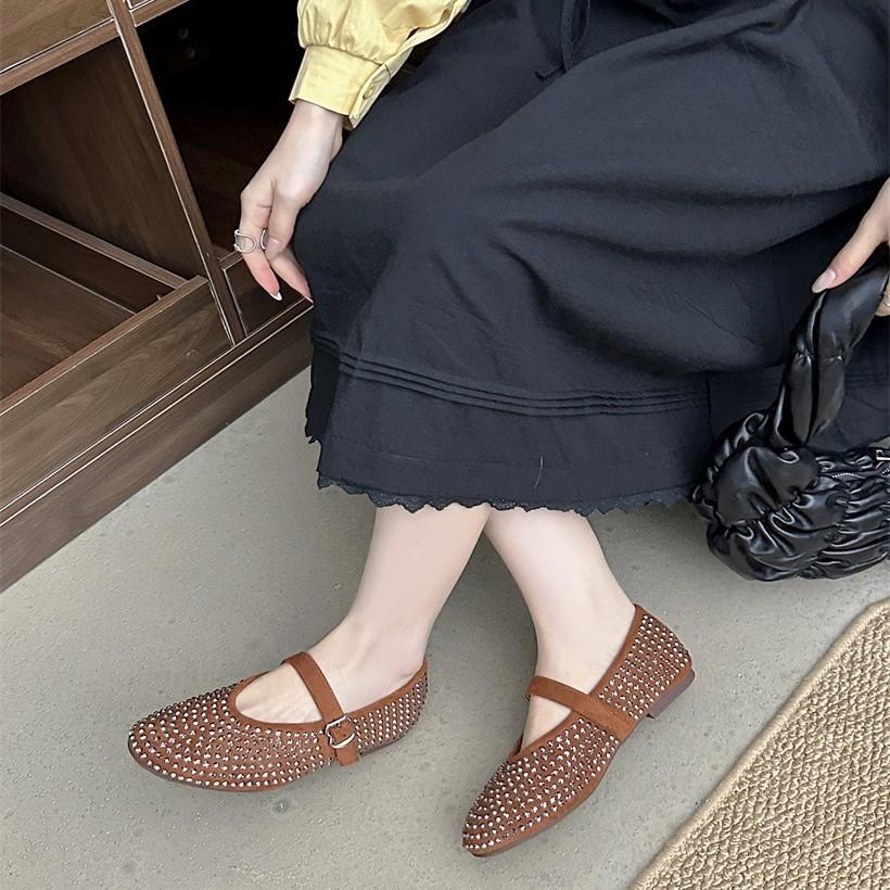 Foreign Trade Full Diamond Mary Jane Single Shoes Women's 2025 New Shallow Mouth One-word Buckle with Round Head Flat-soled Beanie Shoes
