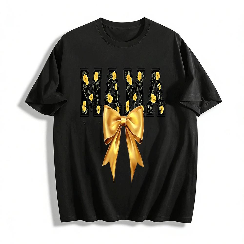 

Vintage Yellow Floral MAMA Print Gold Bow Mother s Day Top Pure cotton T-shirt XXS