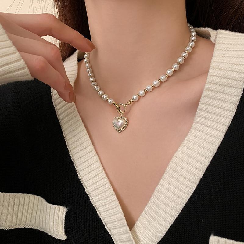

Elegant Pearl Necklace For Women Heart Pendant Necklaces Luxury Imitation Pearls Chain Necklaces Korean Zircon Girls Gifts