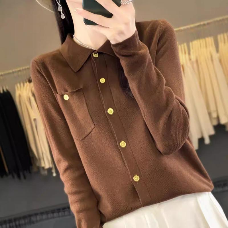 Autumn New Polo Neck Sweater Cardigan Button Niche Design Outside Wear Long Sleeve Knitted Bottom Top