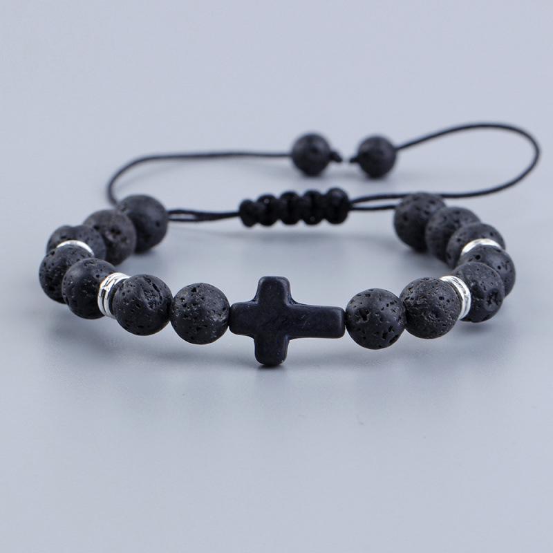 Adjustable Multi-Color Volcanic Stone Cross Beaded Bracelet