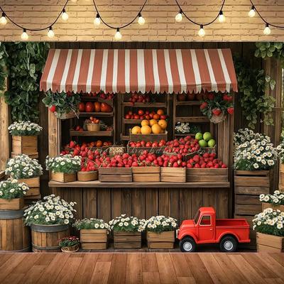 Rural Barn Door Strawberry Themed Birthday Party Background, Children's Birthday Party Decoration Photography Studio Background