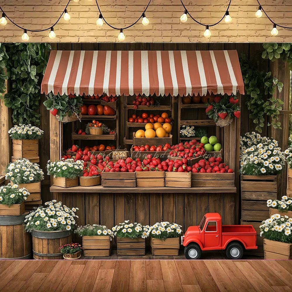 Rural Barn Door Strawberry Themed Birthday Party Background, Children's Birthday Party Decoration Photography Studio Background