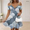 Women Plus Size Cold Shoulder Printed Dress V Neck Zipper Short Sleeve Chain Strap Flared Hem