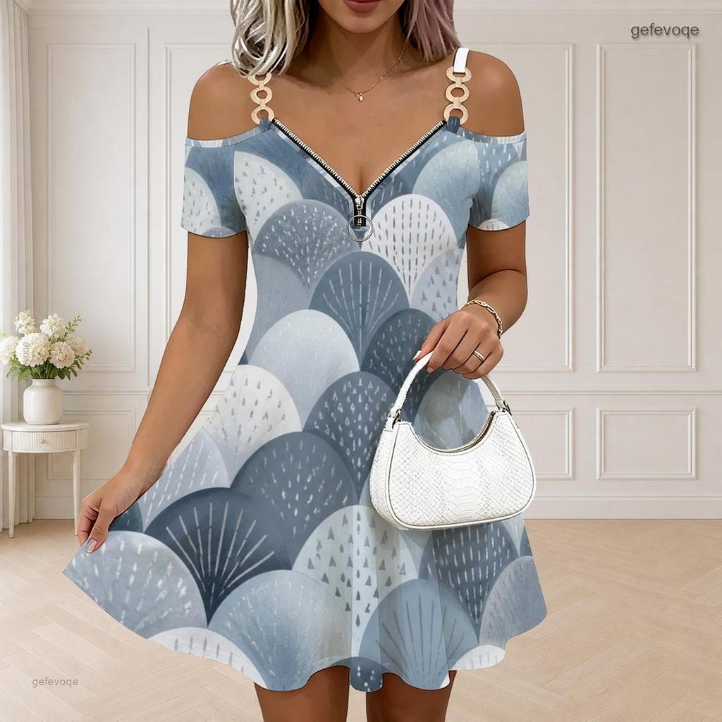 Women Plus Size Cold Shoulder Printed Dress V Neck Zipper Short Sleeve Chain Strap Flared Hem