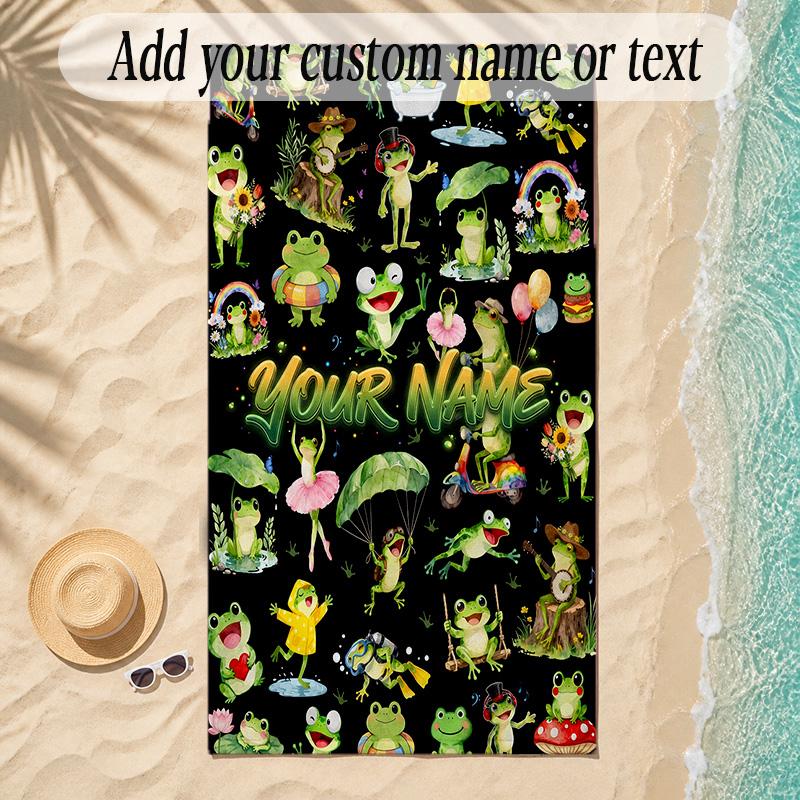 Frog Theme Soft Beach Towel Personalized Custom Name Text Towel Portable for Beach Pool Travel