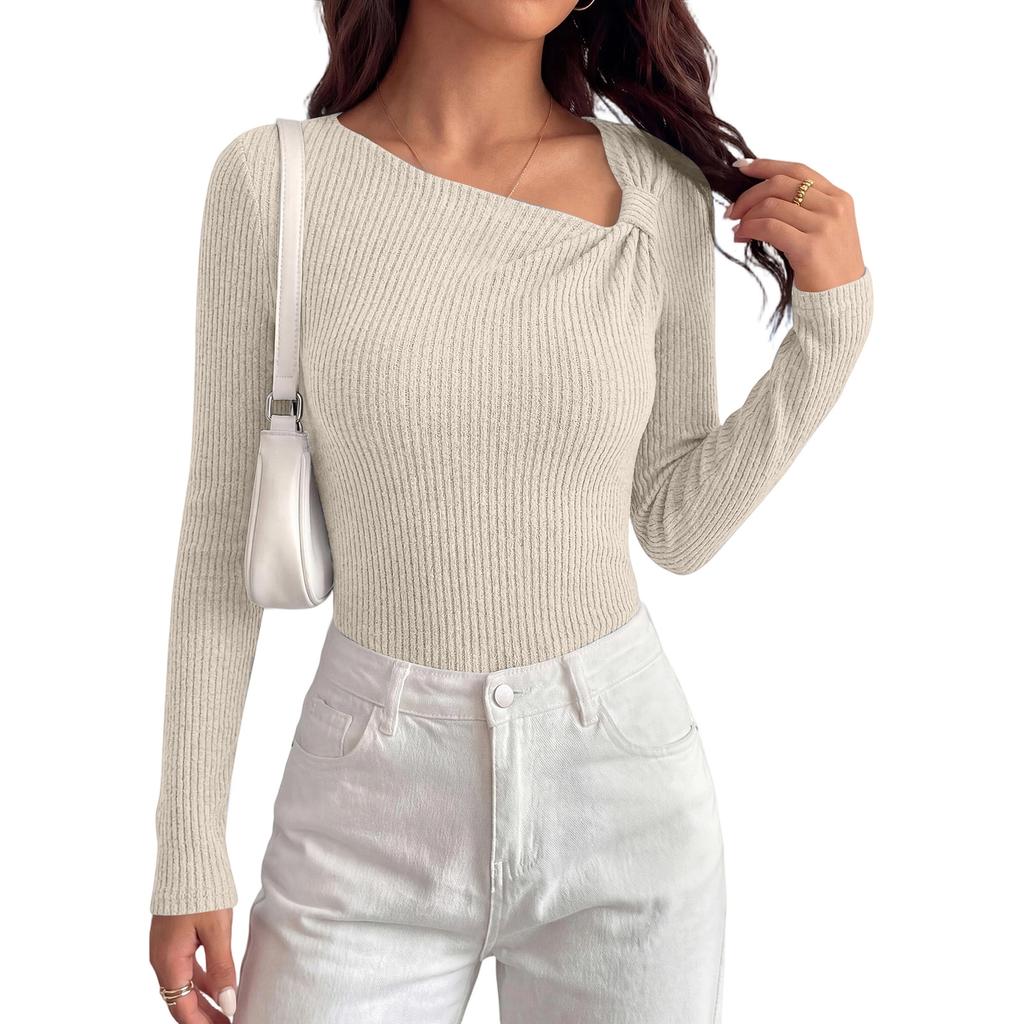 Women's Ribbed Long Sleeve Top Asymmetric Neckline Slim Fit Stretchy Knitwear Casual Pullover Shirt