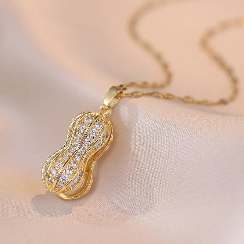 Ladies' Peanut Micro Inlaid Zircon Pearl Peanut Pendant Light Luxury Paired with Niche Fashion Temperament Collarbone  Necklace