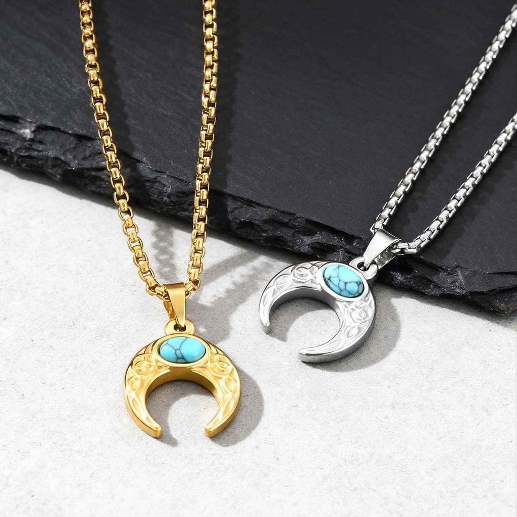Vintage Moon Necklace for Men,Healing Natural Stone Stainless Steel Pendant Necklace,Stylish Christmas Jewelry Gift