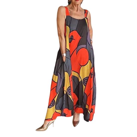 Damen Sommerkleid Ärmellos A-Linie Bunter Druck Seitentaschen Großer Saum Knöchellang Urlaub Strand Maxikleid