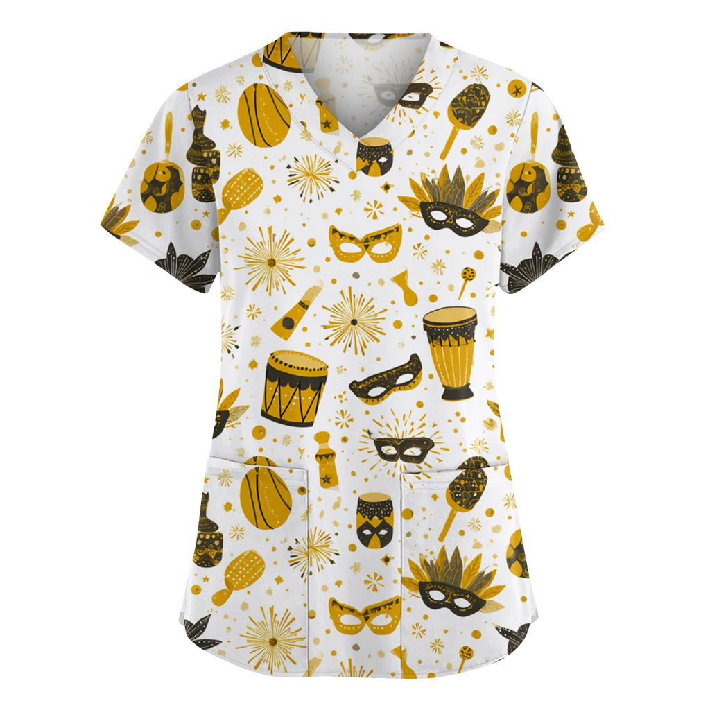 Dammode V-ringad Kortärmad Overall Med Fickor Tryckta Toppar Kläder