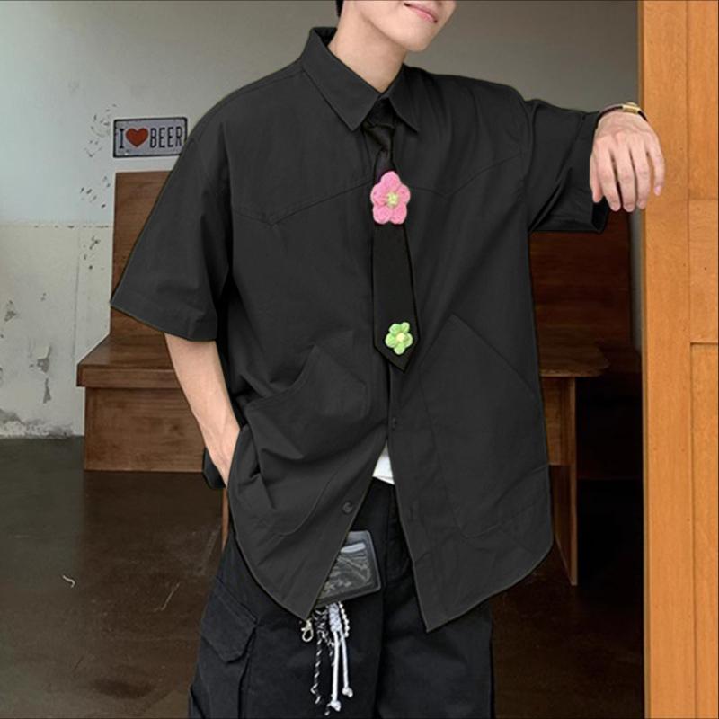 INCERUN Oversized Men Tie Up Neck Short Sleeve Flowers Casual Loose Shirts