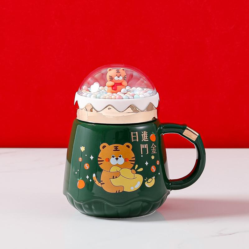 Year of the Tiger Mug with Lid Creative Large Capacity Ceramic Cup Couple Pair Cup Cute Cartoon Coffee Mug for Home Use