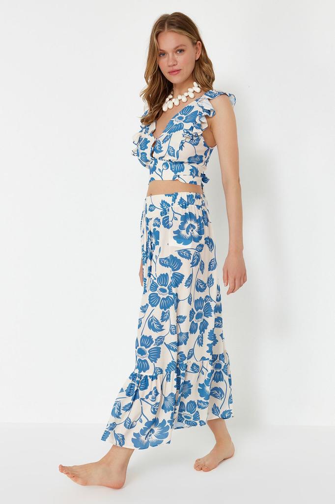 Women's Style Bottom-Top Set Clothes Floral Patterned Woven Flounce Blouse Skirt Set