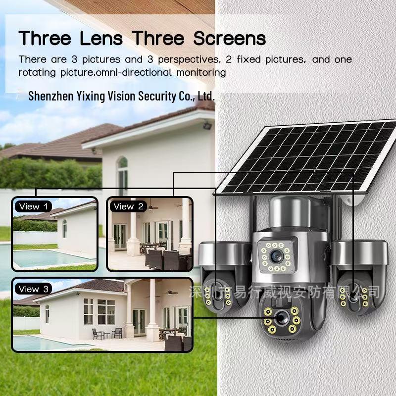 4G Solar-Powered 6MP Outdoor Waterproof Triple-Lens HD Night Vision Camera with 3-Axis Rotation