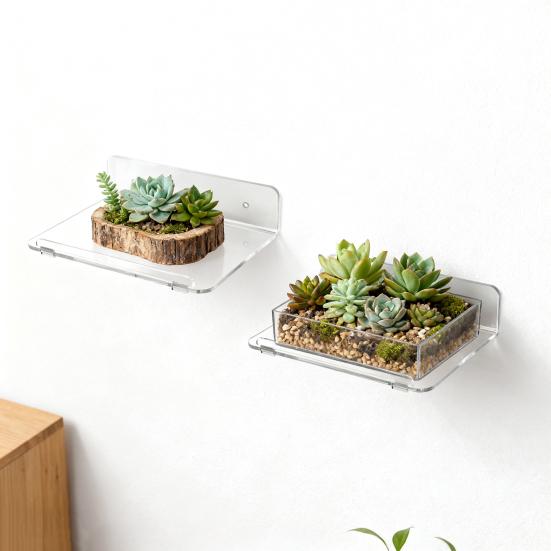 2Pcs Acrylic Floating Wall Shelves Transparent Wall Shelves Adhesive or Screw Installation Display Shelves for Speaker Plant Pot Figures