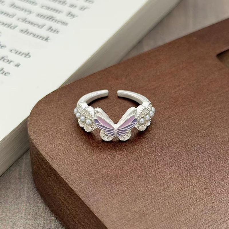 Yunjian Streamer Sweet Wind Niche Design Butterfly Flower Ring Female Enamel Hollow Stacked Ring Tide