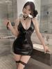 New Sexy Home Short Dress Elegant Pu Patchwork Mesh Tight Bodycon Dress Nightdress Bodycon Strap Pure Desire Dresses 657P