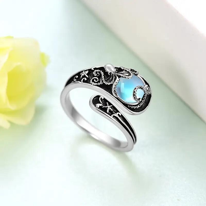 Wosikate Vintage Thai Copper Stamped Moonstone Ring For Women   Copper Fashion Jewelry Opening Adjustable Finger Ring
