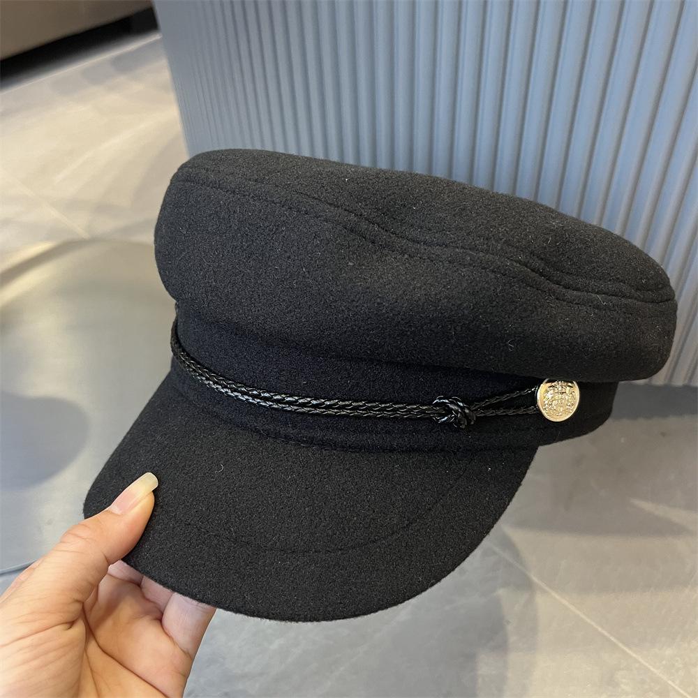 Octagonal Hat Children's Autumn and Winter Fashion Versatile Painter Hat British Retro Leather Rope Flat Top Hat