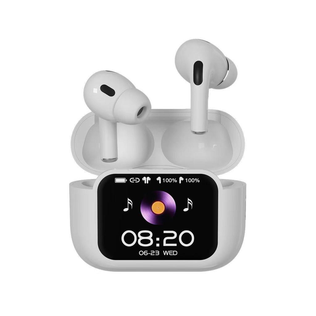 Multilingual AI Bluetooth Earphones with Full-Color Screen and Noise Reduction for Real-Time In-Ear Translation.