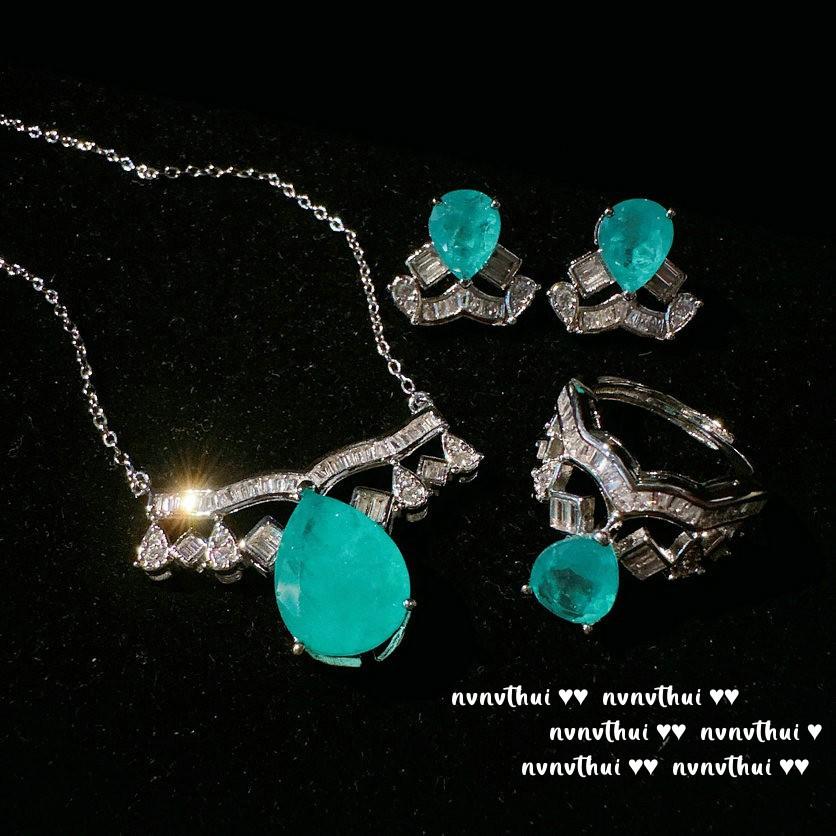 Mojito Emerald Crown Necklace, Rich Woman'S Joy, 18K Gold Plated, Pa Green Water Drop Zircon Ring