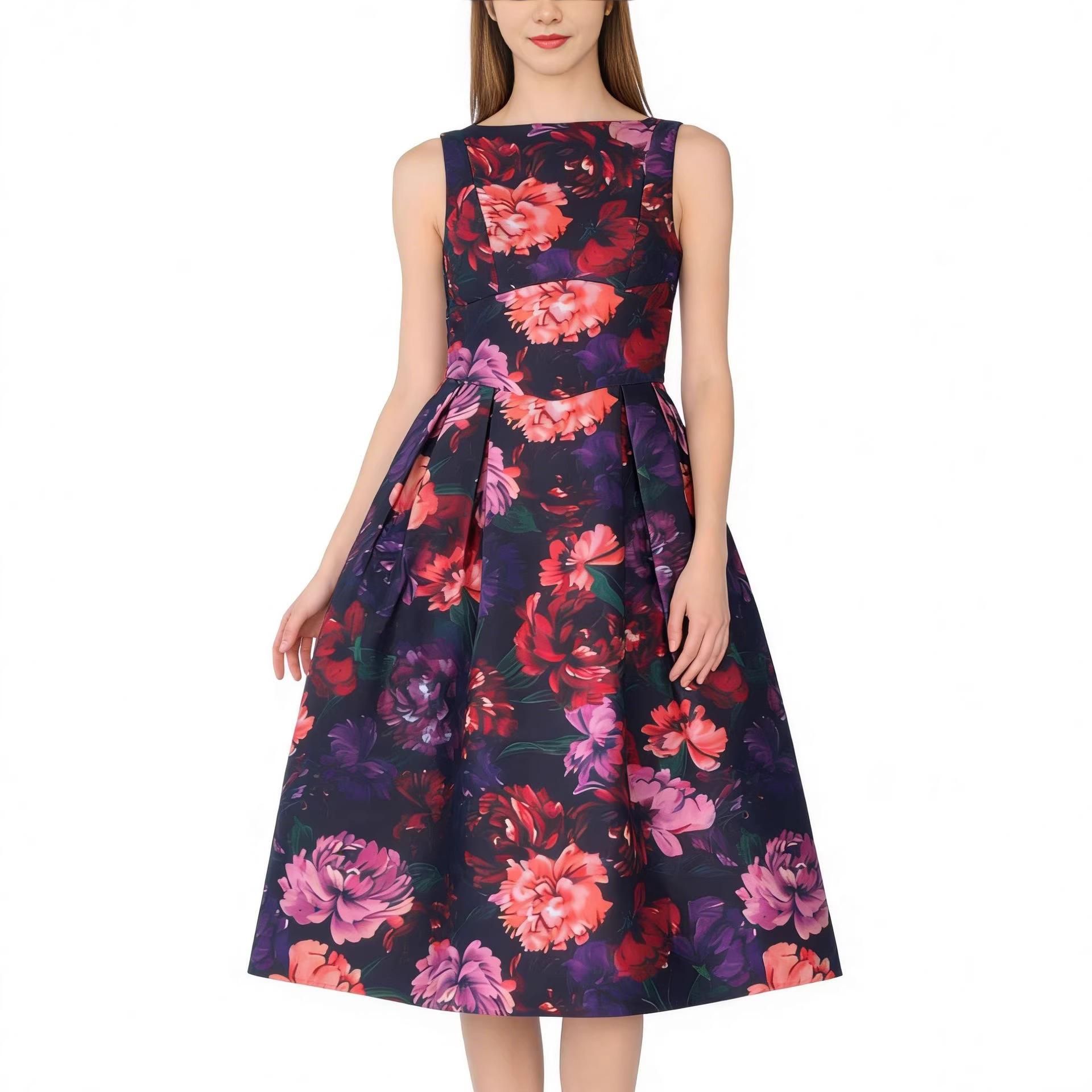 

Women s Floral Print Midi Dress Sleeveless Boat Neck High Waist A-Line Elegant Casual Party Sundress S