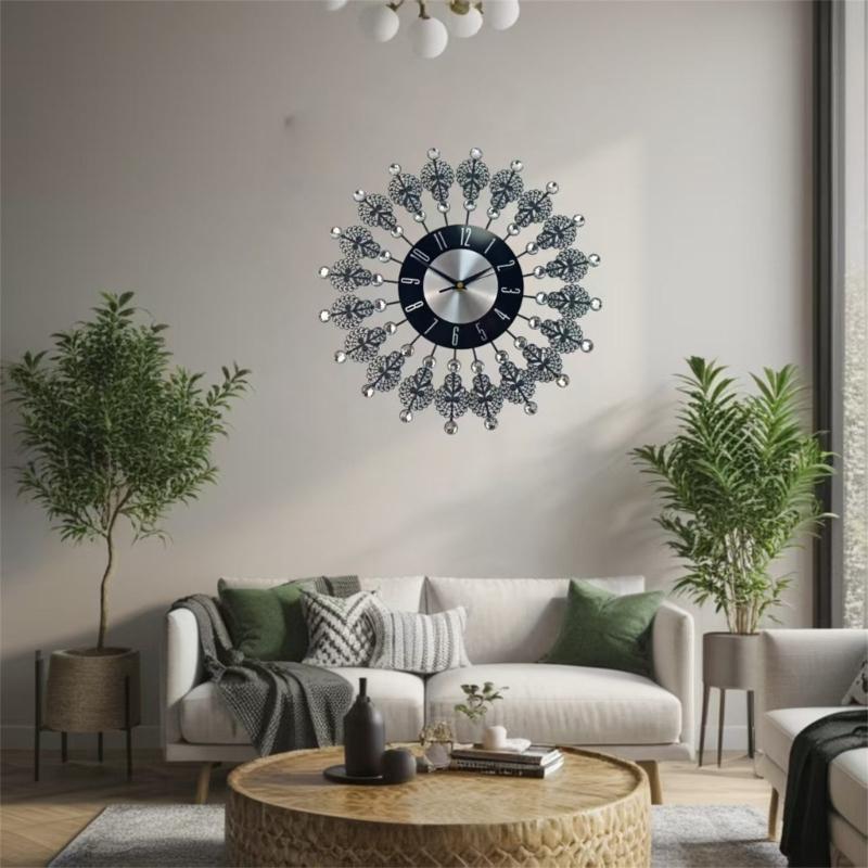 Crystal Leaves Wall Clock None-Ticking Silents Battery Operated Clocks Decorative Wall Clocks for Living Room Decors