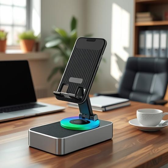 Yousheng Phone Stand Cell Phone Mount with Wireless Bluetooth-Compatible Speaker & LED Base Surround Sound Phone Holder for IPhone Home Outdoor Use