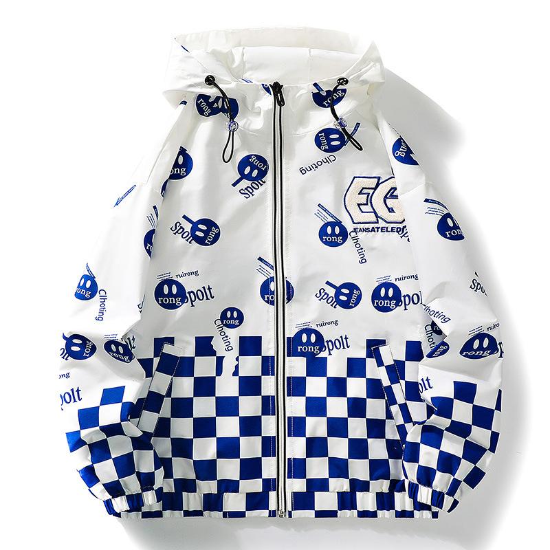 

Куртка с шахматным узором в стиле весны и осени, молодежная, свободного покроя, большого размера, с капюшоном, свободными лацканами и завязками на шнурке 4XL синий