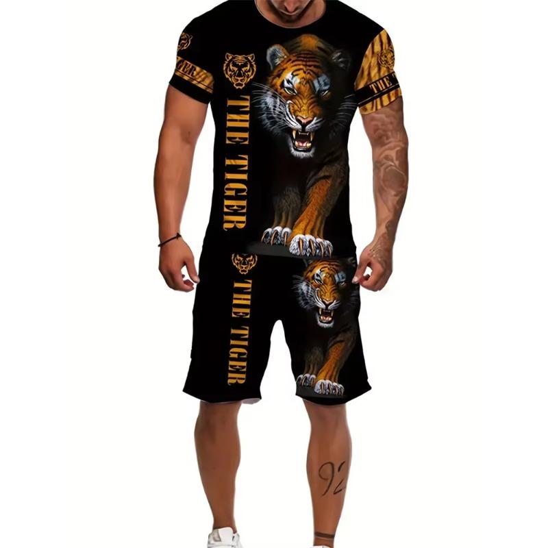 

Мужской костюм для активного отдыха, шорты с коротким рукавом, спортивная двухкомпонентная футболка 2024 года с круглым вырезом и принтом 3D-орла 5XL