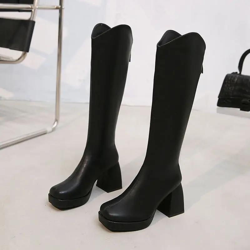 Fashion Middle Heel Solid Color Long Boots for Women New In Large Size Warm Fashion 2024 Y2k Work Boot Pu 39 Knee High Shaft Shoes Woman