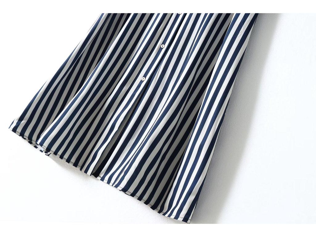 2024 Summer Women's Casual Striped Midi Belt Shirt Dress