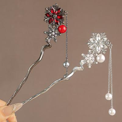French Retro Pearl Rhinestone Tassel Hair Sticks for Women Zircon Crystal Flower Elegant Hair Combs Women Daily U-Shaped Hairpin