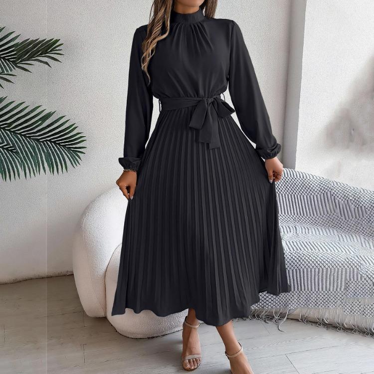 Women Long Sleeve A Line Dress High Waist Stand Collar Pleated Solid Long Dress Autumn Winter Sizes S To XXXL
