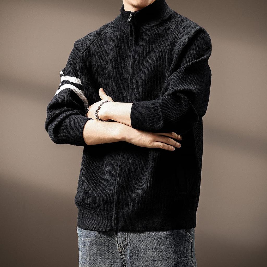 High-End American Trendy Men's 2025 Autumn/Winter Three-Stripe Knit Stand Collar Cardigan Sweater