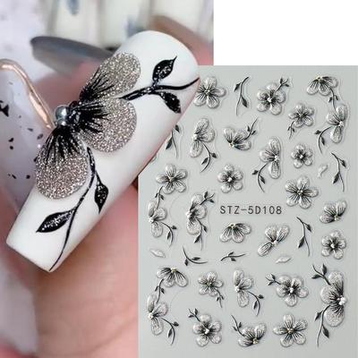 5D černé třpytivé samolepky na nehty akvarel kvetoucí manikúra na nehty jarní květinová samolepka obtisky s jezdcem nail art dekor