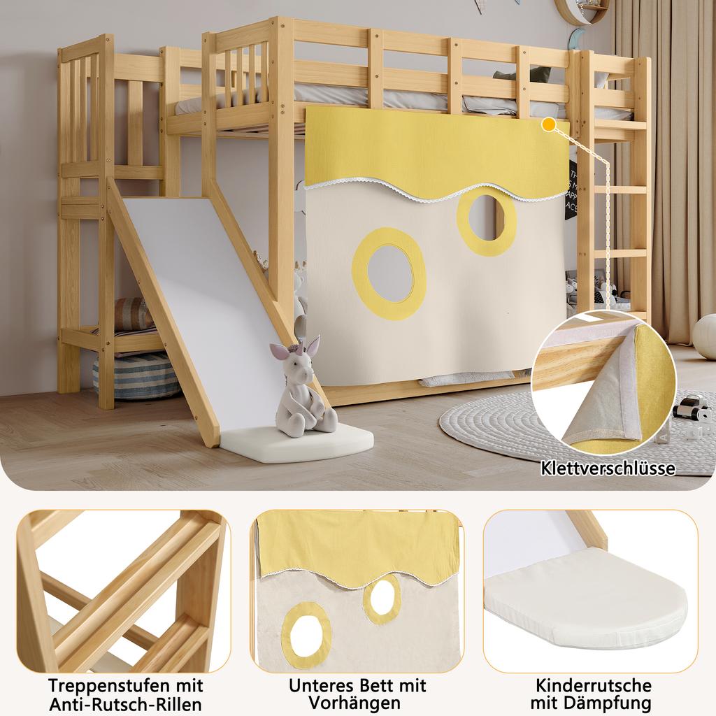 Bunk Bed, Wooden Bed with Stairs and Fences, with Bed Curtain, Slide, Children's Bed with Fall Protection and Guardrail, MDF+Pine, Natural, 90x200cm
