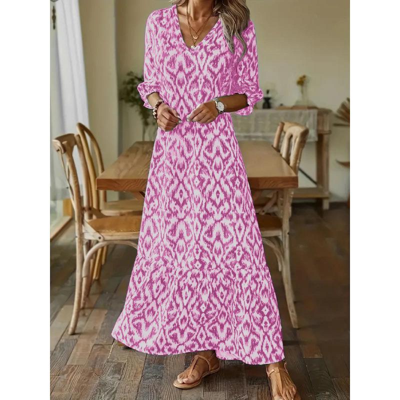 2026 European/American Autumn-Winter Fashionable Loose V-neck Mid-Sleeve Printed Dress Large