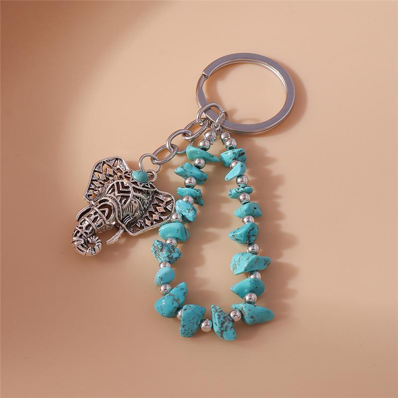 Ethnic Turquoise Stone Elephant Keychain for Women Men Key Ring Pendant Handbag Decor DIY Handmade Jewelry Gift