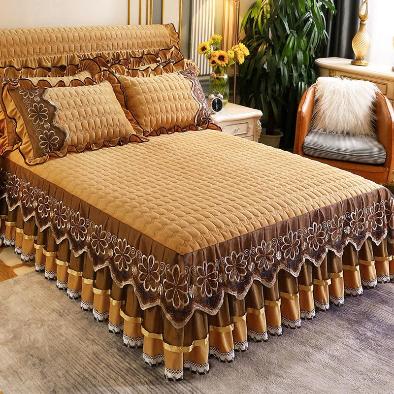Europäische Luxus Tagesdecken Königin König Größe Prinzessin Kristall Samt Königin Bettwäsche Set Spitze Bett Rock Verdickt Warme Bettdecke