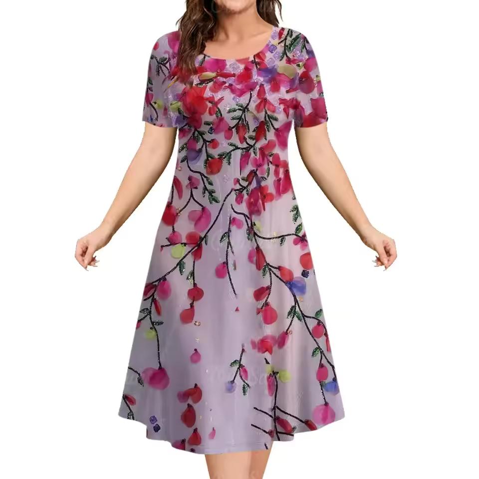 

Елегантна сукня для жінок з квітковим принтом, 3D цифровий друк, вільний крій, круглий виріз, стильна міді сукня А-силуету, повсякденна, зручна, модна 8XL