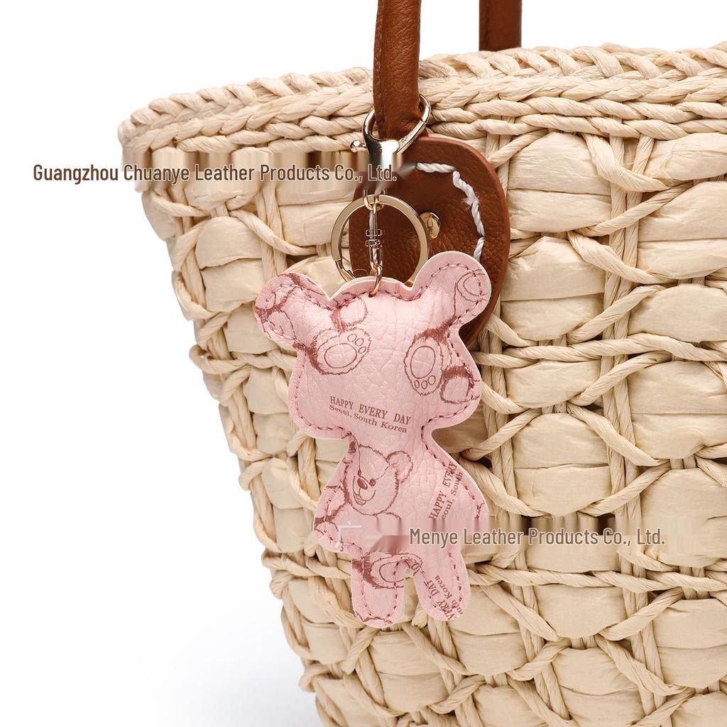 Schlüsselanhänger aus PU-Leder im koreanischen Stil mit 3D-Teddybär - Stilvoller Taschenanhänger