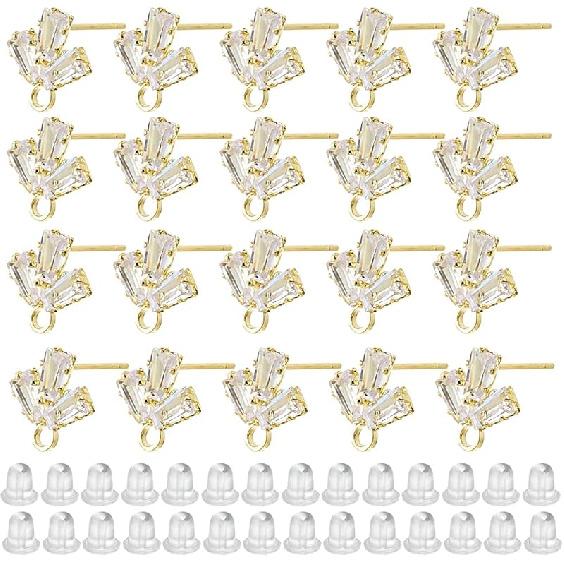 DICOSMETIC 12Pcs Flower Earrings Findings 18K Gold Plated Cubic Zirconia Stud With Loops, Rhinestone Posts, Brass Studs With Ear Nuts for DIY Jewelry