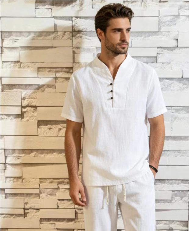 Mens Solid Casual Short Sleeve T Shirt Nine Quarter Pants Two Piece Set