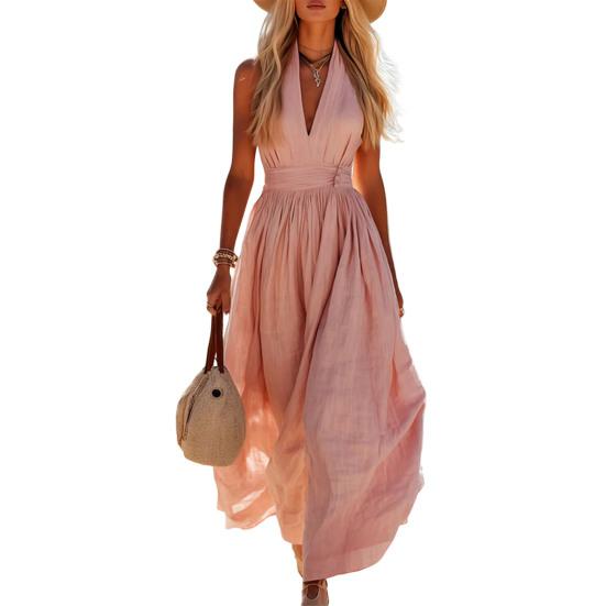 Summer Women Sleeveless Long Neck Slim Waist Dress Deep V Ruffle Swing Dress L розовый