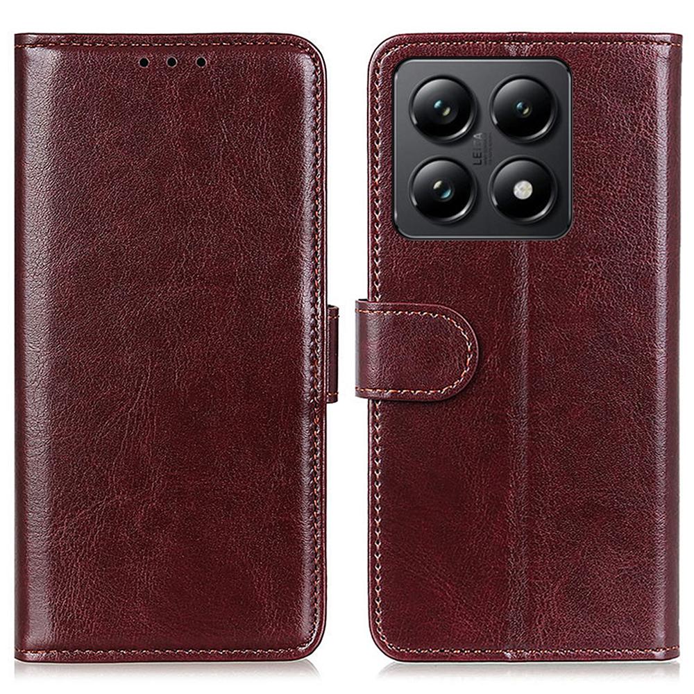 

For Xiaomi 14T Pro Case Crazy Horse Texture PU Leather Phone Stand Cover Brown