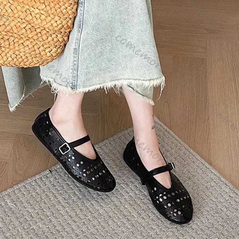 Fashion Comemore Women Flats Shoes Spring Summer New Buckle Loafers Hollow Round Toe Women Sole Single Shoes Ballet Mary Jane Flat Shoes