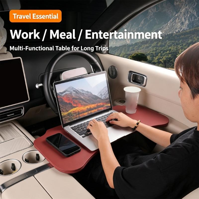 Temporary Car Work Tray with 2-Panel Tabletop for Reading and Item Placement Inside Parked Vehicle Cabin